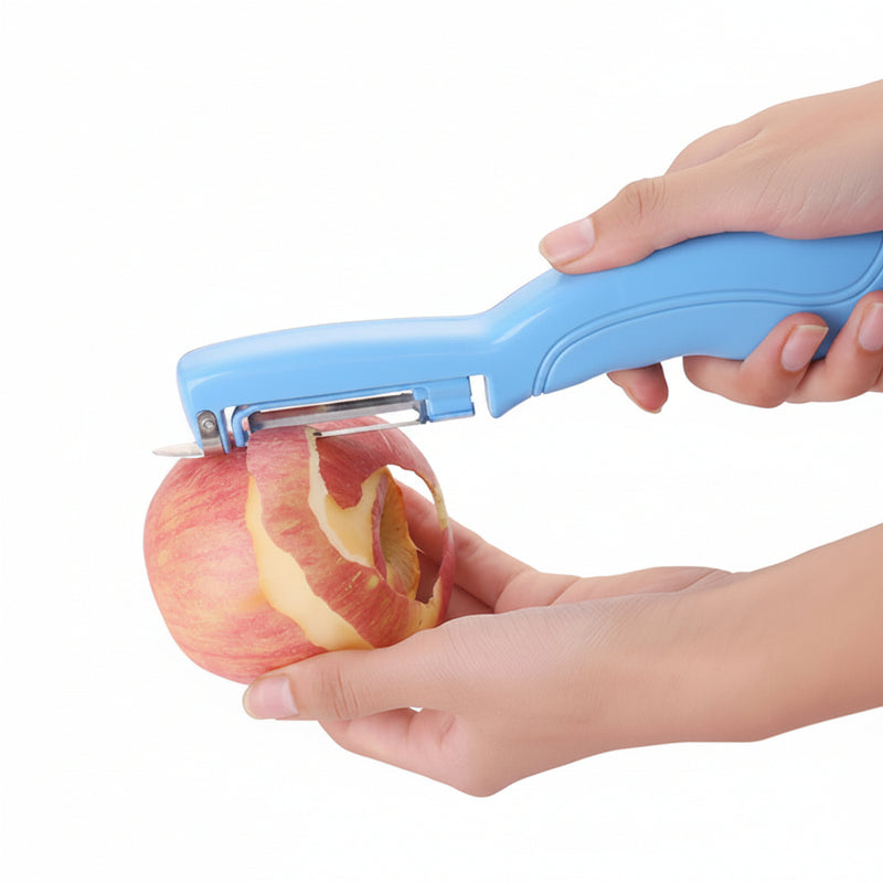 Person using a blue apple peeler on an apple against a white background