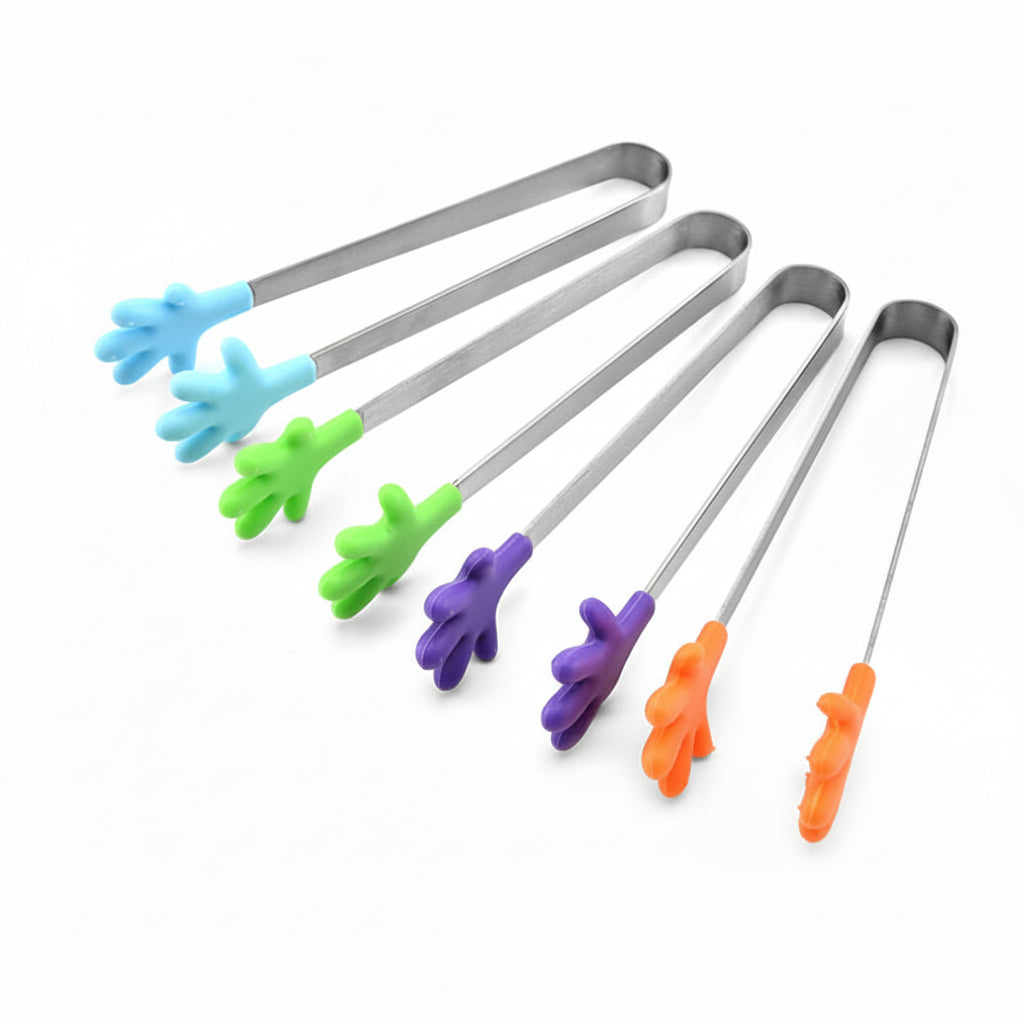 Set of tongs with colorful silicone handles on a white background