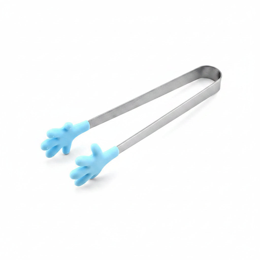 Set of tongs with colorful silicone handles on a white background