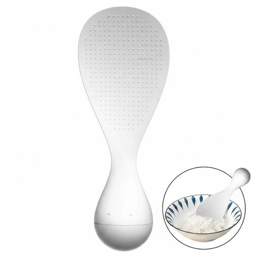 White rice paddle and spoon set on a white background