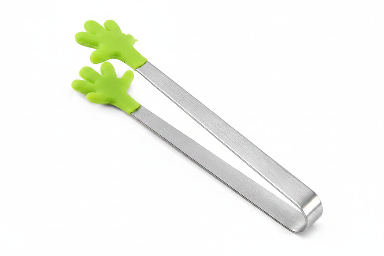 Metallic tongs with orange silicone ends on a white background