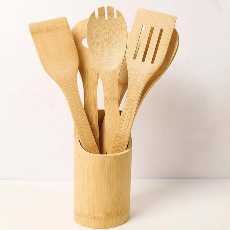 Premium Bamboo Cooking Spoon & Utensil Holder Set