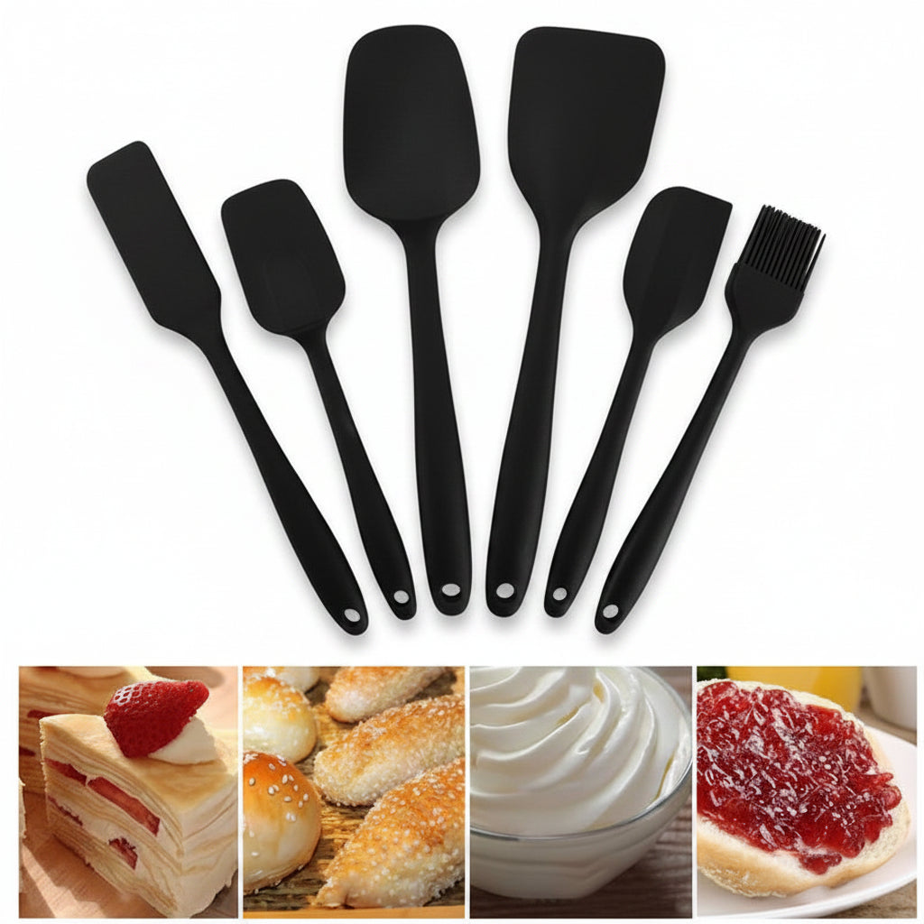 Set of black silicone spatulas with a collage of baked goods below on a white background