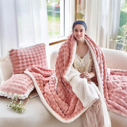 Bubble Faux Rabbit Fur Foldable Cushion Pillow 2-in-1 Nap Throw Blanket