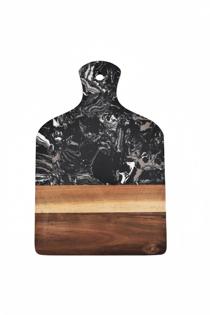 Marble-patterned cutting board with dimensions on a white background